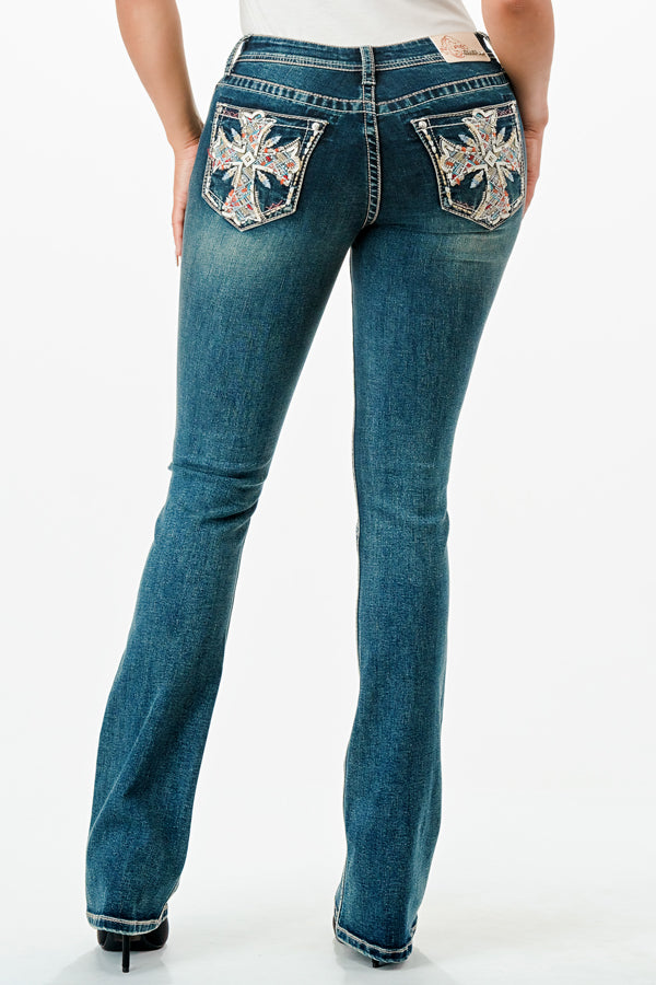 Cross Embellished Mid Rise Bootcut Jeans