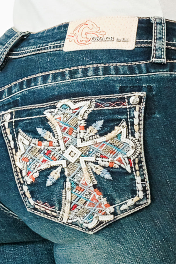 Cross Embellished Mid Rise Bootcut Jeans