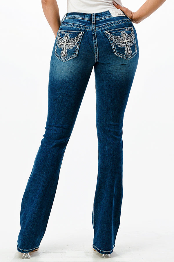 Cross /Wing Embellished Mid Rise Bootcut Jeans