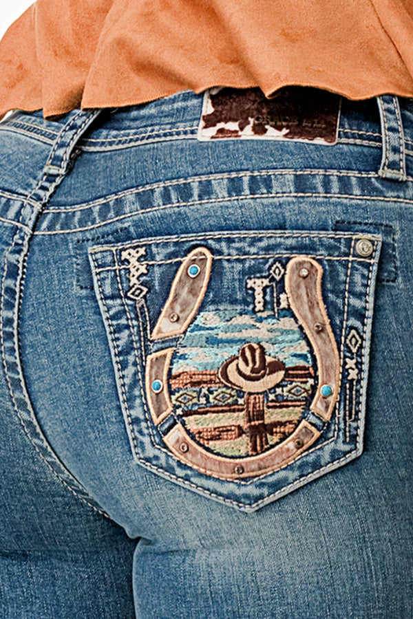 Horse Shoe /Country View Mid Rise Bootcut Jeans