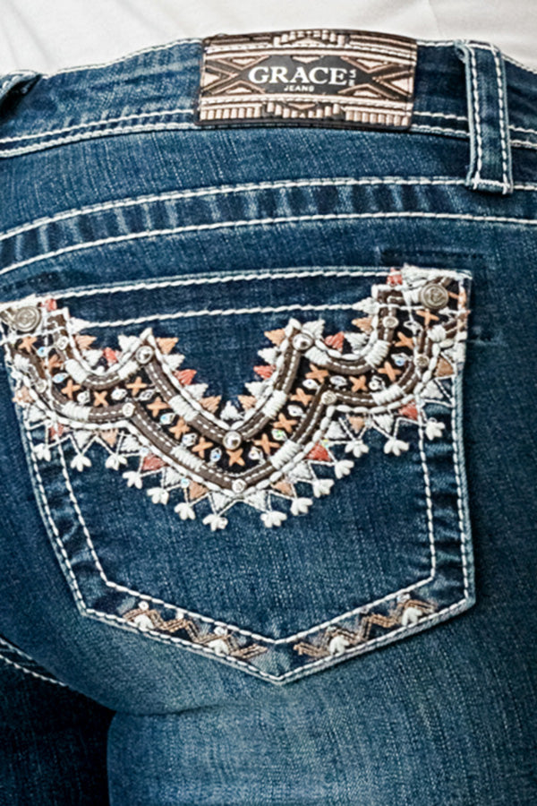 Aztec Embellishment Mid Rise Bootcut Jeans