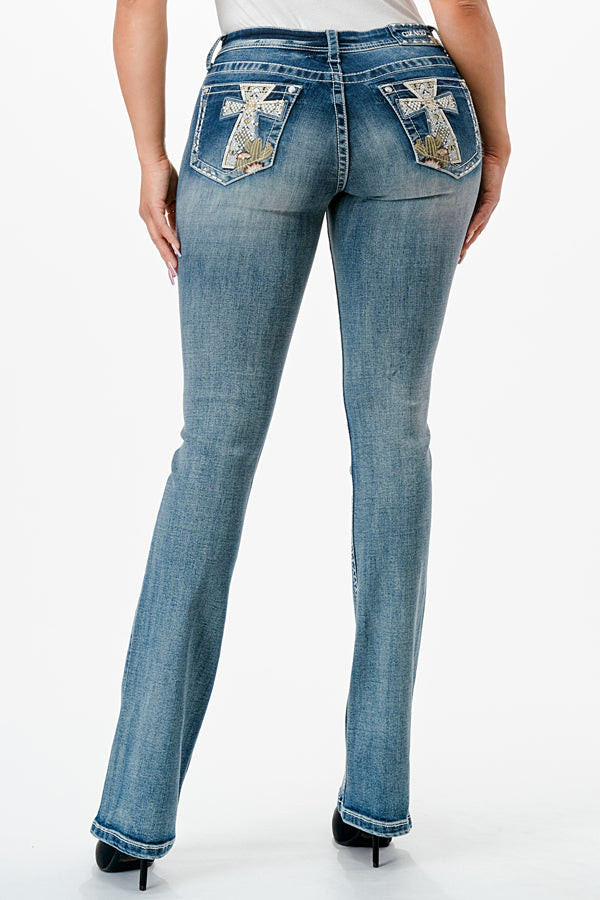 Cross /Cactus Embellished Mid Rise Bootcut Jeans