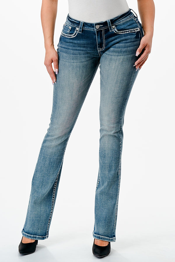 Cross /Cactus Embellished Mid Rise Bootcut Jeans