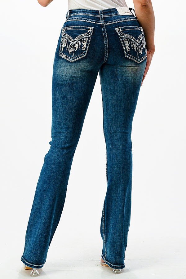 Feather Faux Flap Embellishment Mid Rise Bootcut Jeans