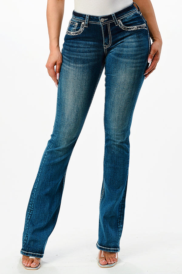 Feather Faux Flap Embellishment Mid Rise Bootcut Jeans