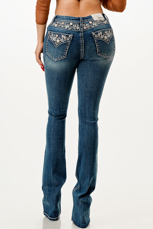 Grace in LA Women's Moon Star Embroidered Distressed Bootcut Stretch Jeans  (25)