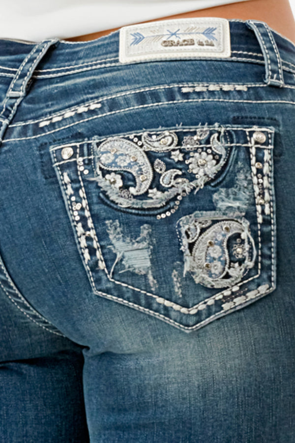 Paisley Embroidery  Mid Rise Bootcut Jeans