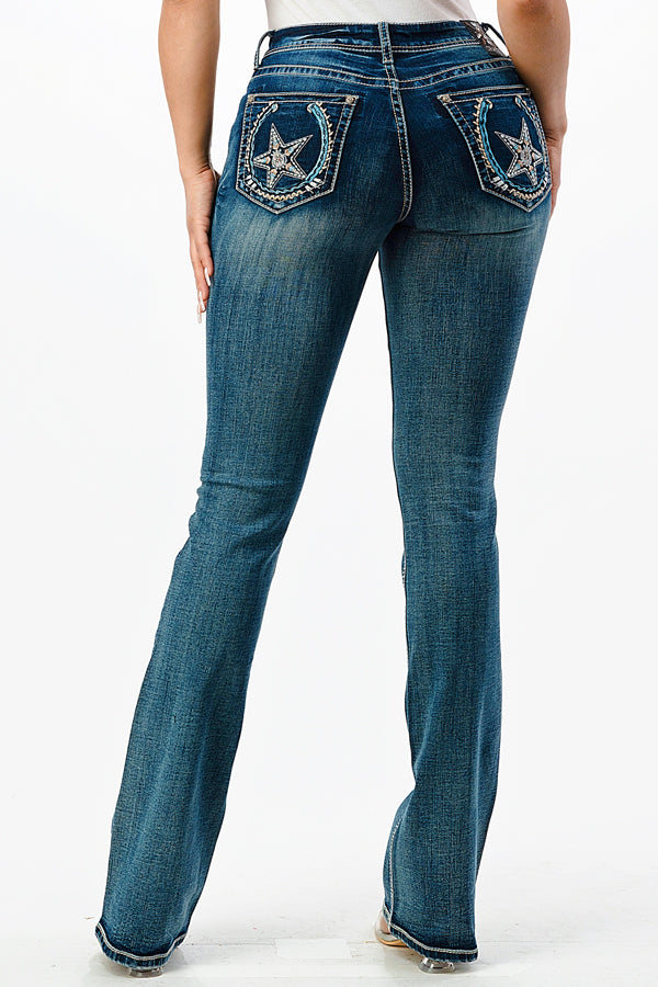Star/Hose Shoe Embroidery  Mid Rise Bootcut Jeans