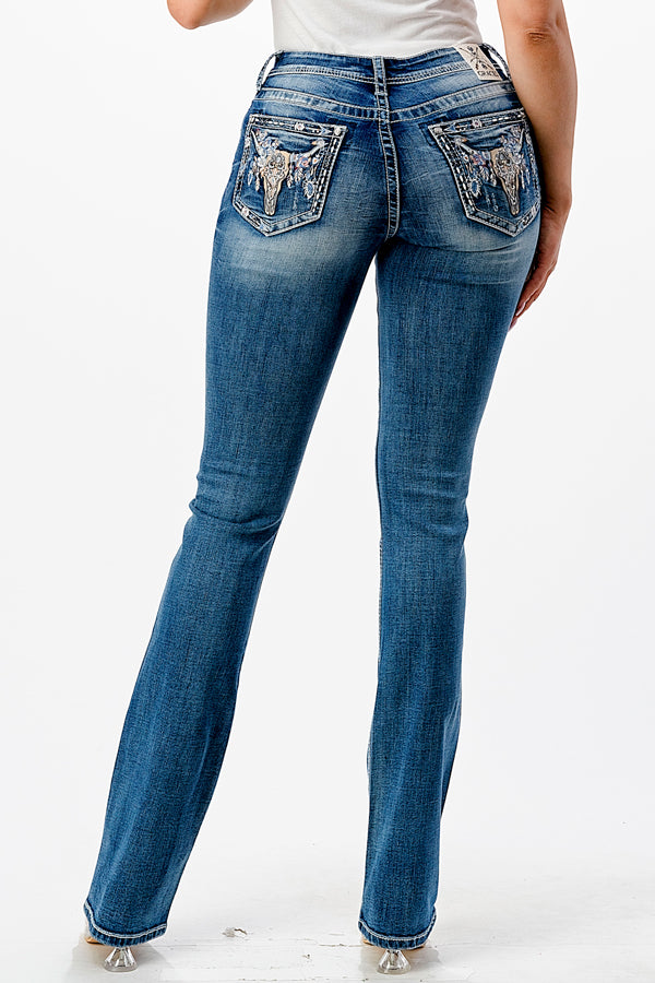 Steer Head  Embellishment Mid Rise Bootcut Jeans