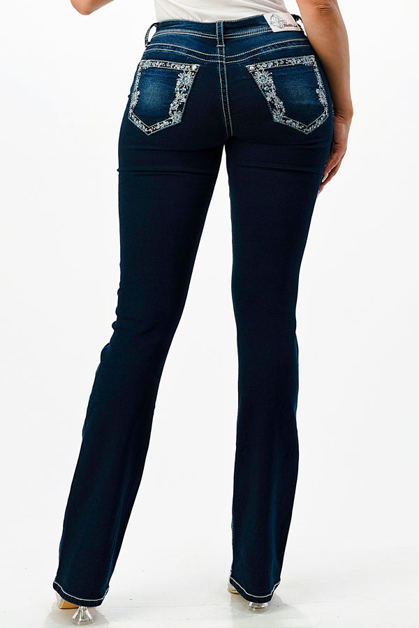 Border Stitches Mid Rise Bootcut Soft Denim Jeans