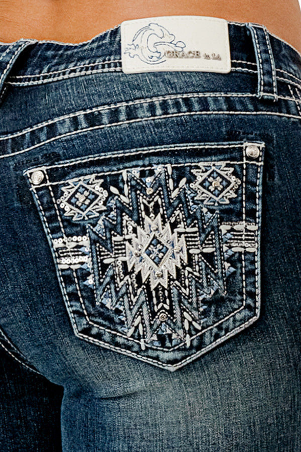 Aztec Embellishment Mid Rise Bootcut Jeans