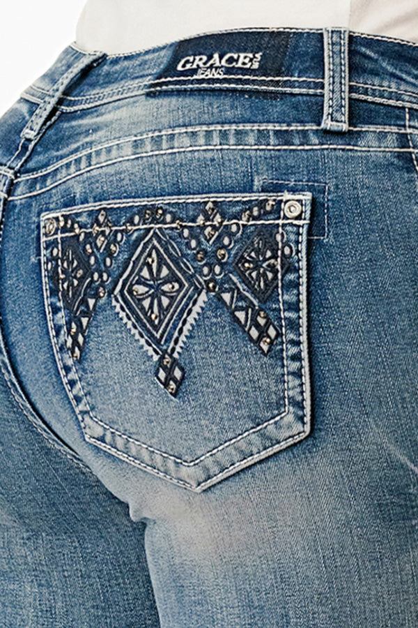 Aztec Embellished Mid Rise Bootcut Jeans