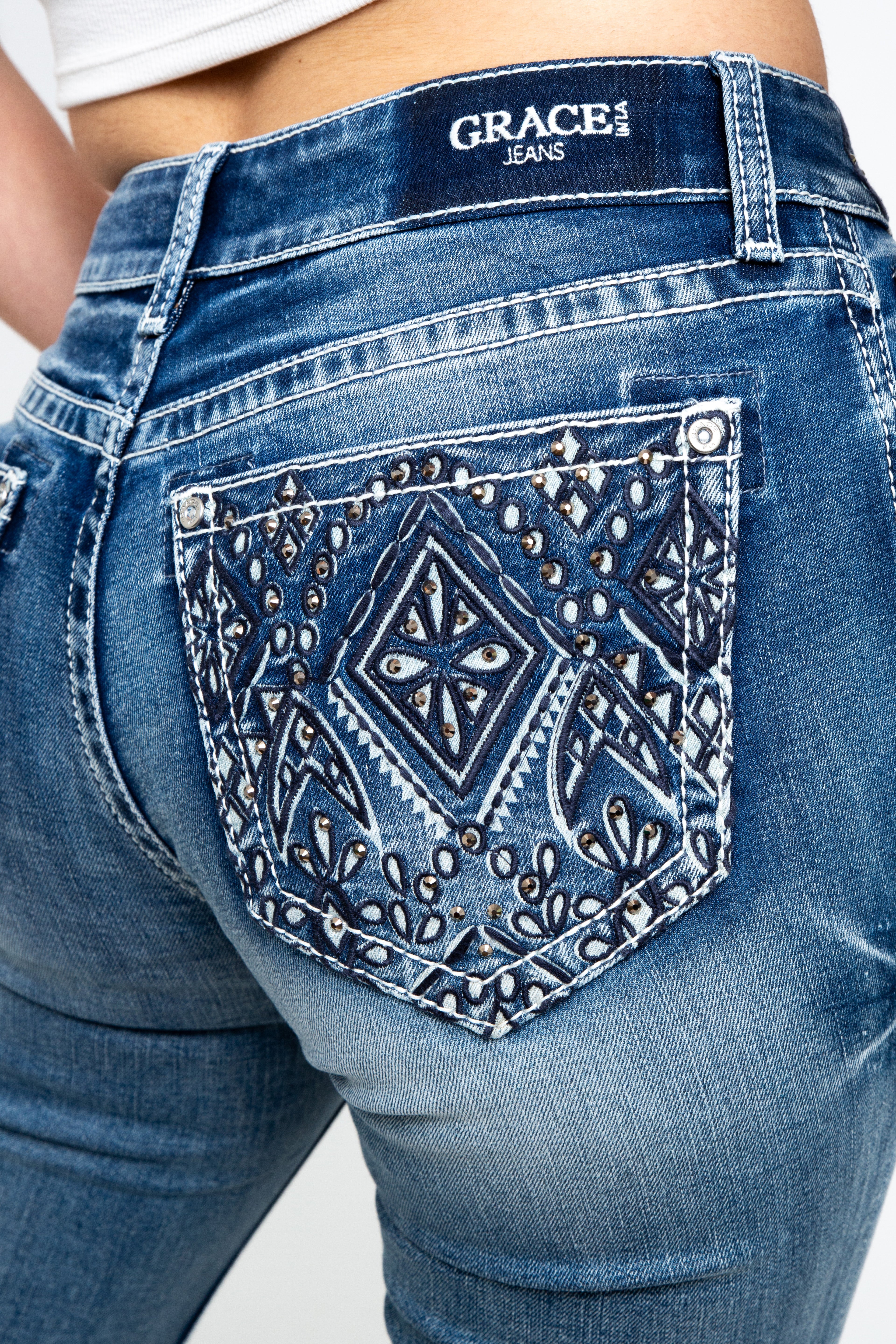 embellished jeans - embellish jeans - grace in la bootcut jeans