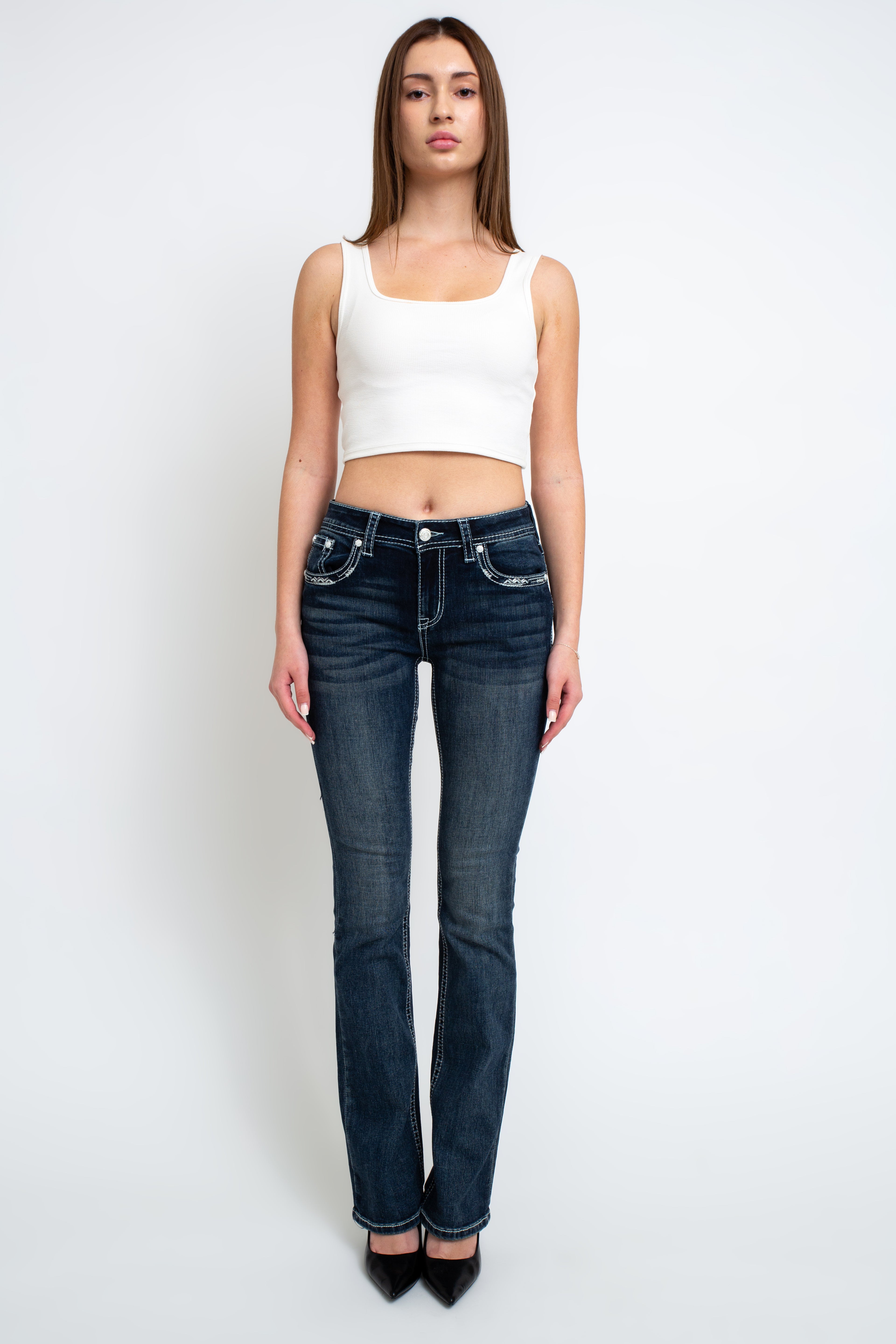 Feather Detail Mid Rise  Bootcut Jeans