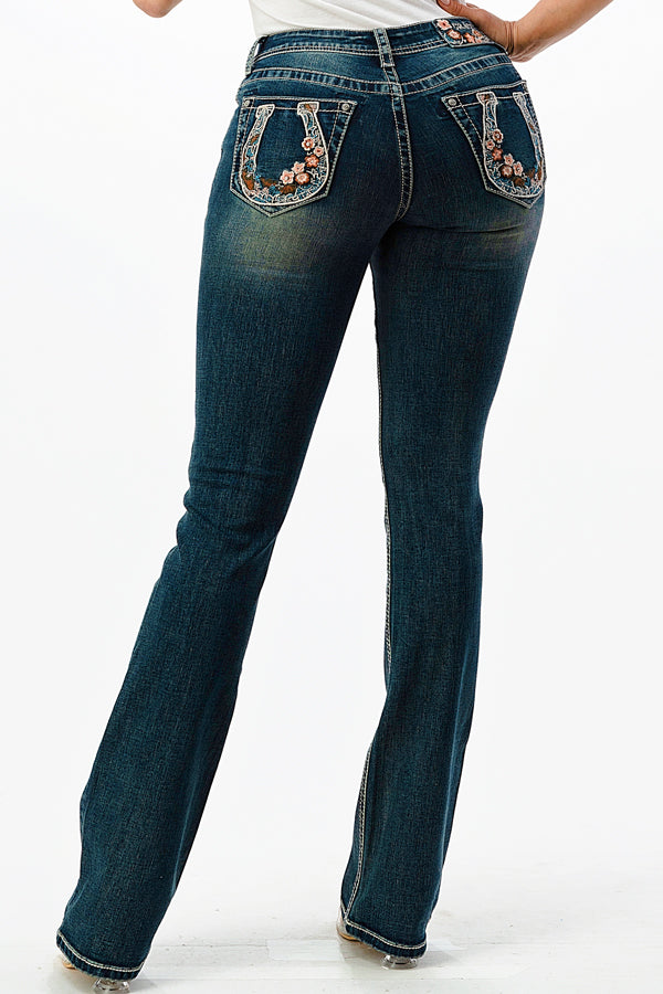 Horse Shoe Modify Floral Embroidery Mid Rise Bootcut Jeans