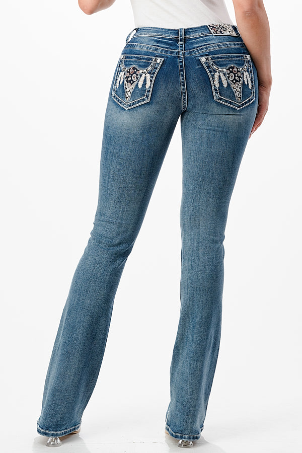 Steer Head Embellishment Mid Rise Bootcut Jeans