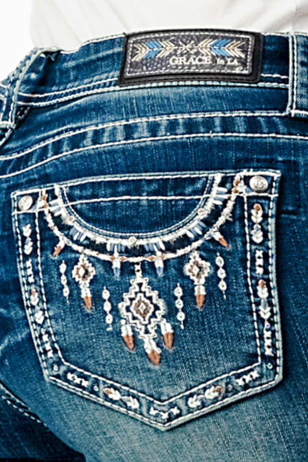 Necklace Embellishment Mid Rise Bootcut Jeans