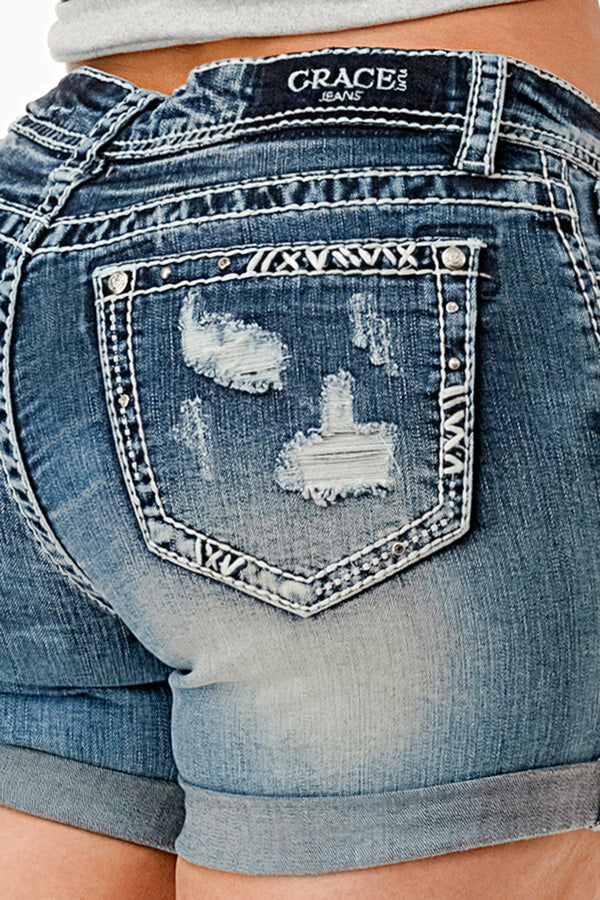 Border Stitches Mid Rise Denim Shorts