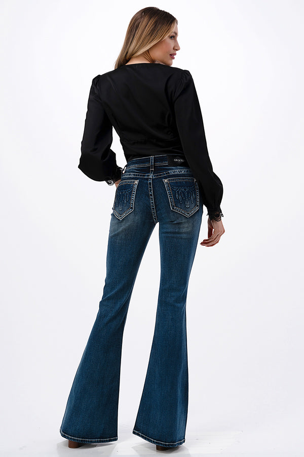 Steer Head 3D Detail Mid Rise Flare Jeans