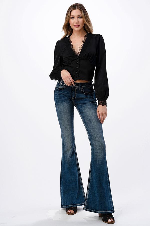 Steer Head 3D Detail Mid Rise Flare Jeans