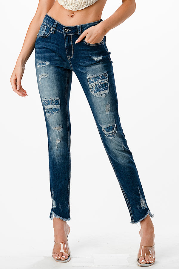 Patch Work Distressed Med Blue Mid Rise Skinny Jeans
