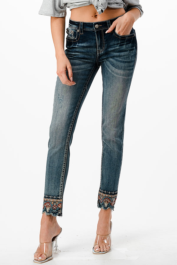 Floral Embroidery with Hem Detail Mid Rise Skinny Jeans
