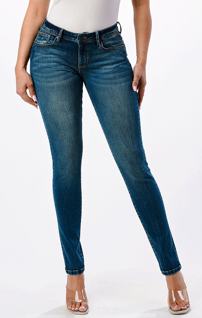 Basic 5 Pockets Med Blue Mid Rise Skinny Jeans