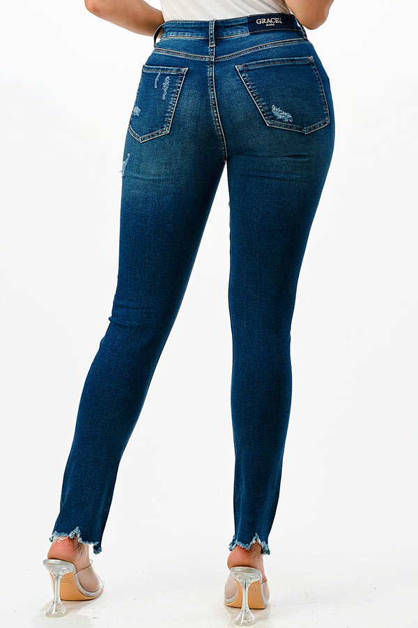 Distressed  Medium Blue  Knit Denim Mid Rise Skinny Jeans