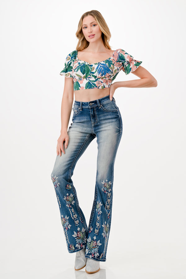 Floral Embroidery Printing  High Waist Flare