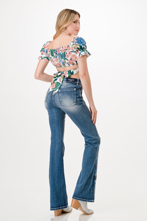 Floral Embroidery Printing  High Waist Flare