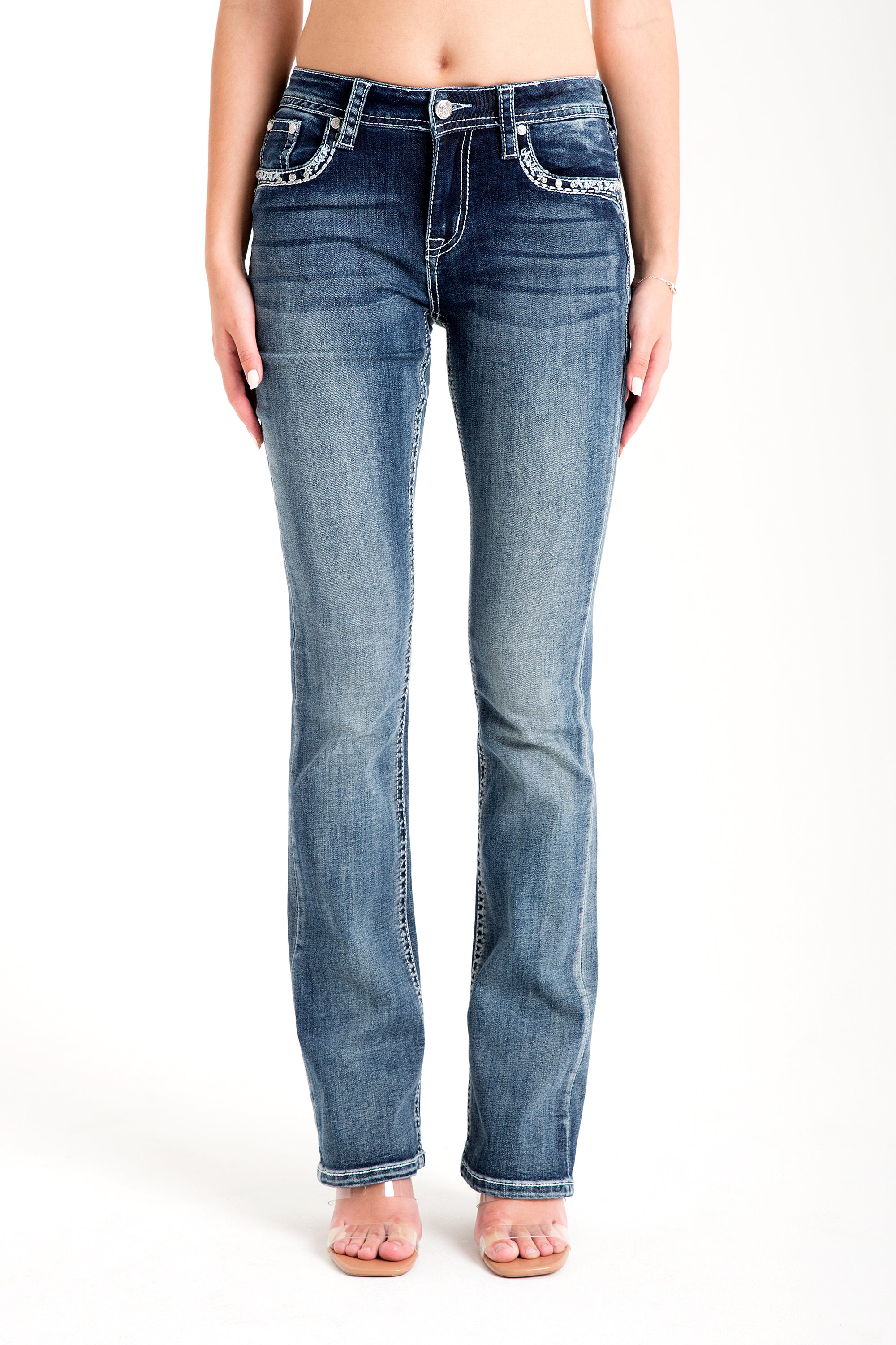 Buckle Modify Embellished Mid Rise Bootcut Jeans