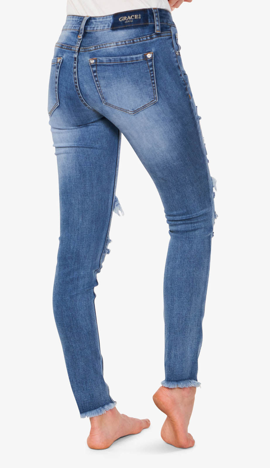 Patch Work  Med Blue Mid Rise Skinny Jeans
