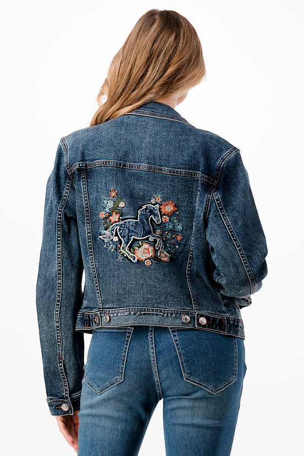 Horse /Floral Embroidery Denim Jacket
