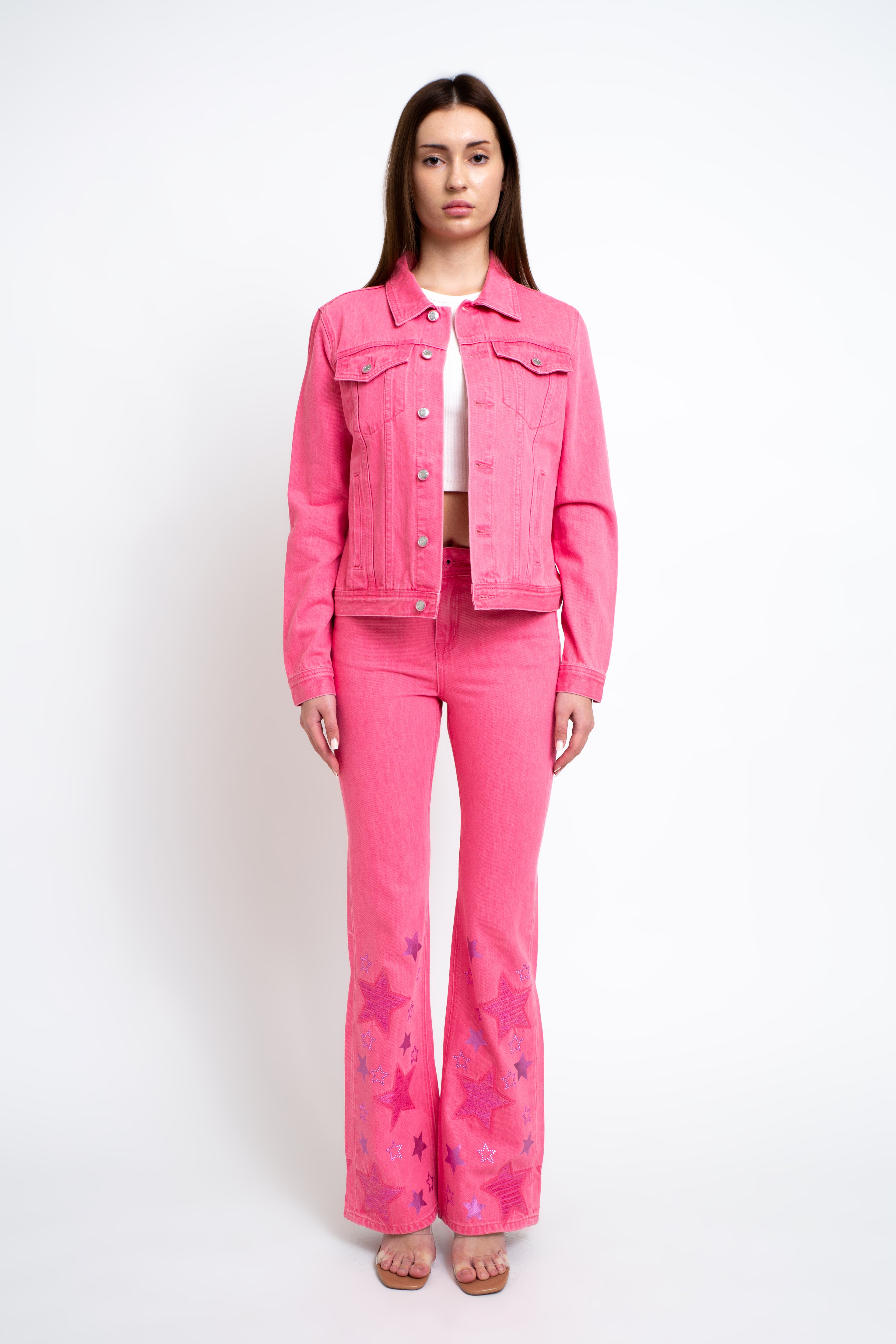 "Let's Go Girls" Embroidery Pink Denim Jacket