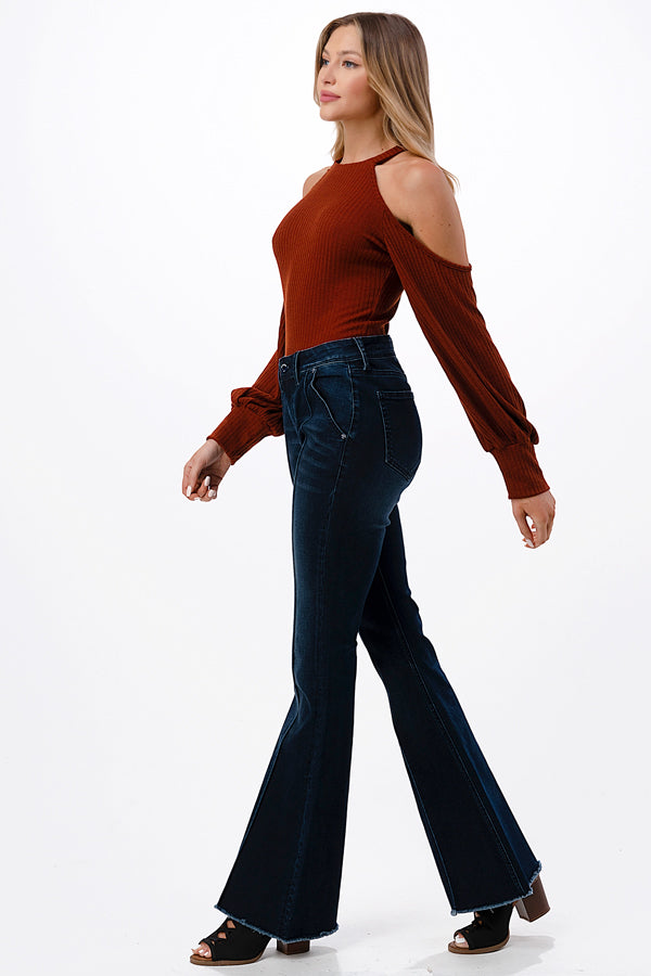Seam Center Basic Recycle & Lycra Fabric  Mid Rise Flare Jeans