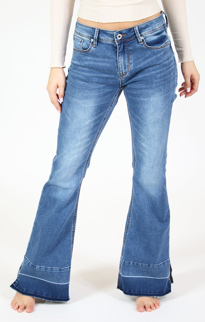 Medium Wash Mid Rise Knit Denim  Flare Jeans