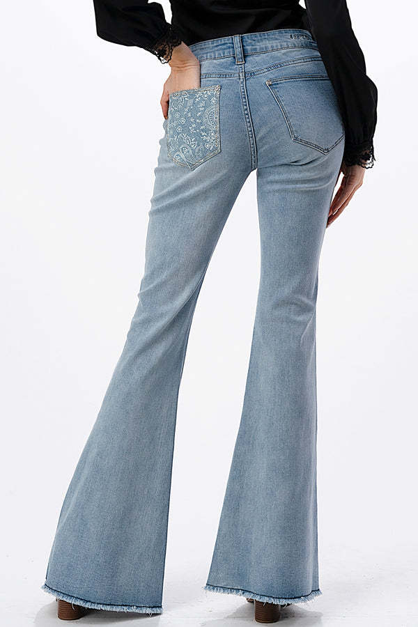 Paisley Patch Work Light Blue Wash Mid Rise Flare Jeans