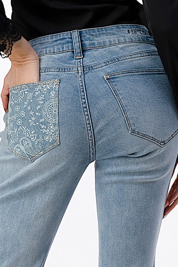 Paisley Patch Work Light Blue Wash Mid Rise Flare Jeans