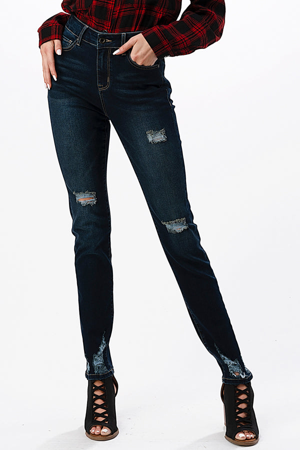 Destressed Basic Recycle & Lycra Fabric High Waisted Skinny Jeans